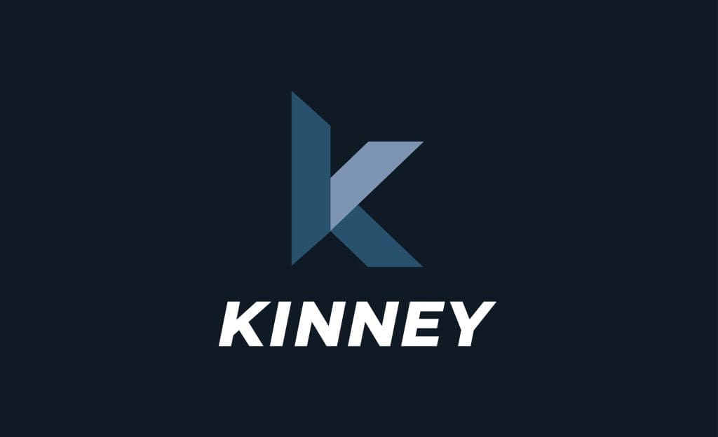 Dark background with a geometric, stylized letter "K" in shades of blue above "KINNEY" in bold, white, italicized capitals—reflecting Kinney's Development Arm under the leadership of Genterra Enterprises's Senior Vice President Rich Bowen.