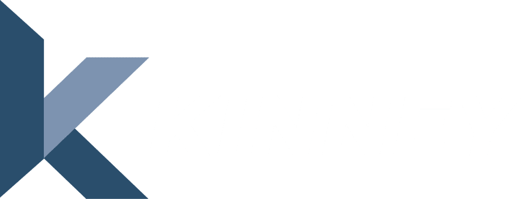 A stylized blue and gray letter "K" appears beside the word "KINNEY" in bold, white capital letters, making it an ideal header design on a transparent background.