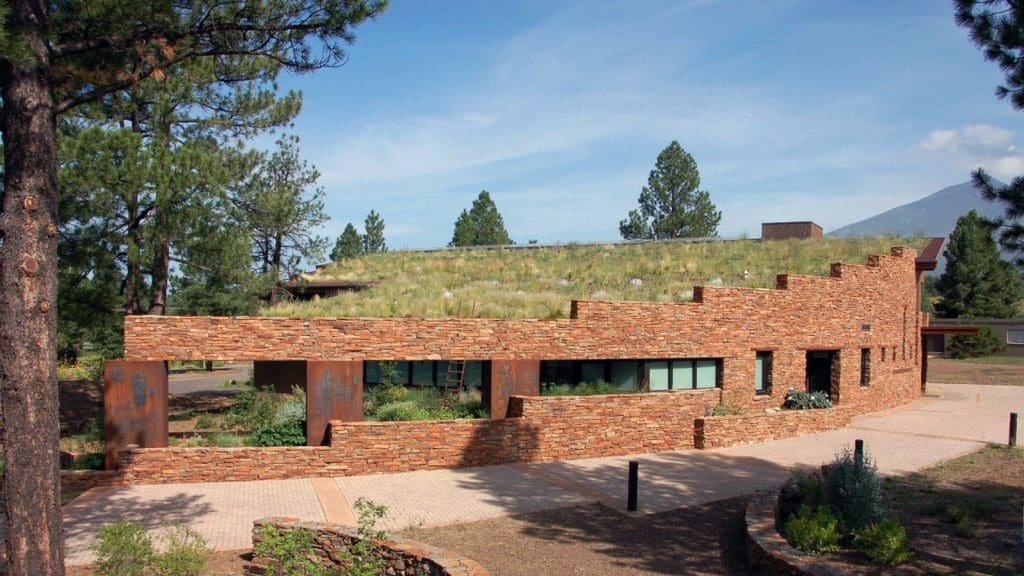 A modern building with a sloped green roof covered in grass, stone exterior walls, and large windows embraces "Building Better Together for a Greener Tomorrow: How Kinney Honors Earth Day," surrounded by trees and a paved walkway.