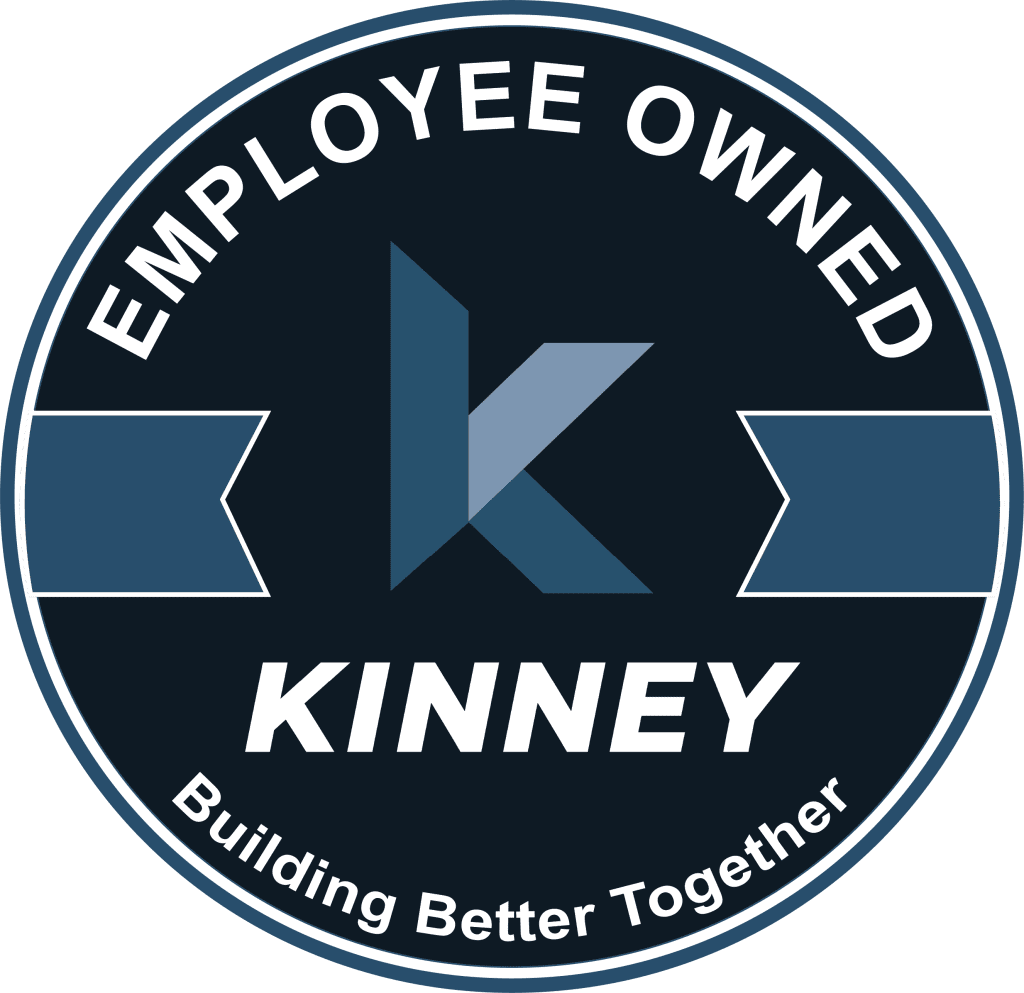 Circular badge with "Employee Owned" at the top, "Kinney" in the center below a stylized K, and "Building Better Together" at the bottom—showing what About Kinney is all about.