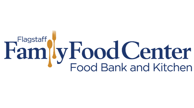 Logo for Flagstaff Family Food Center Food Bank and Kitchen, with a fork and spoon integrated into the word "Family," symbolizing community support and togetherness.