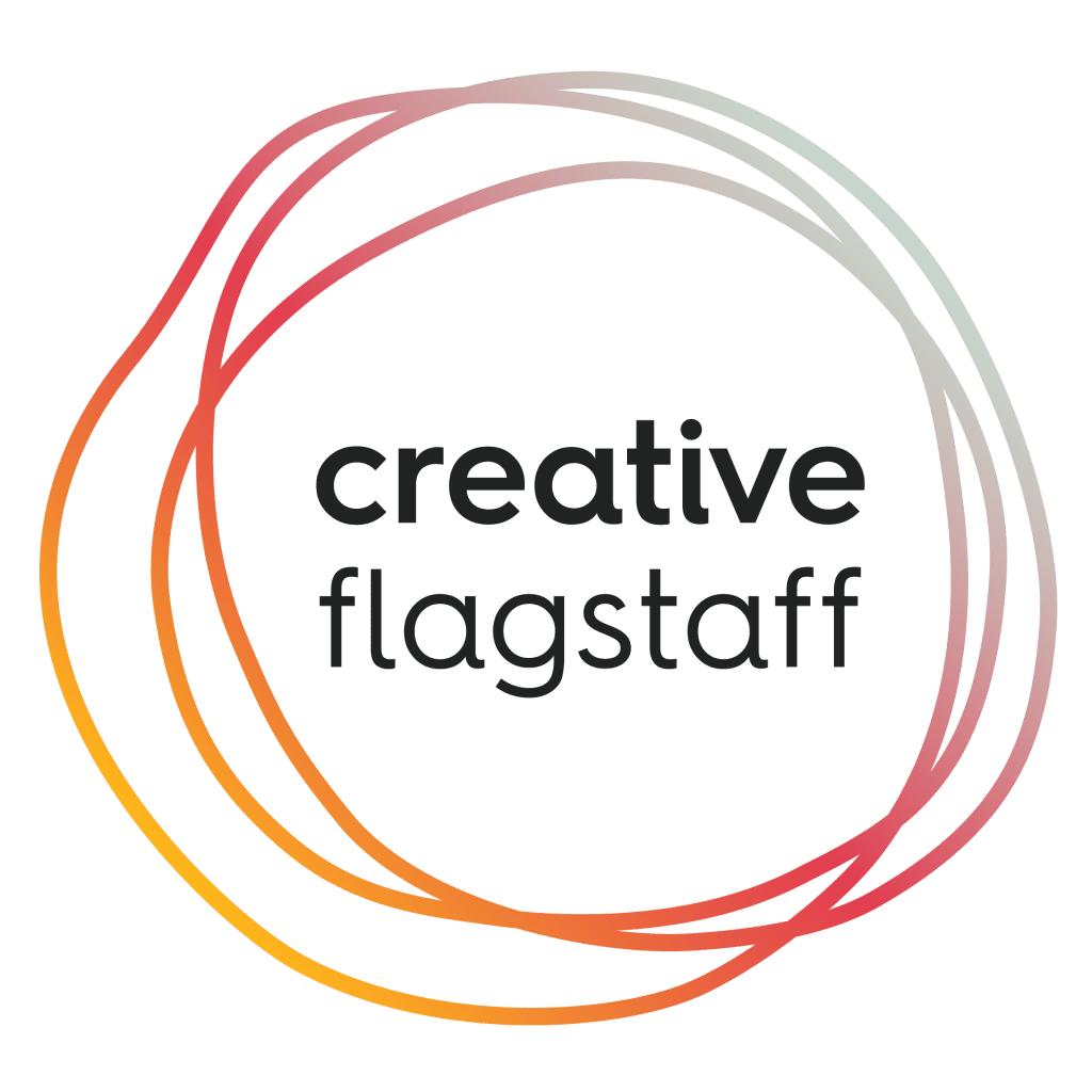 The logo features the words "creative flagstaff" in lowercase letters, enclosed by overlapping rings in gradient shades of orange, red, and gray.