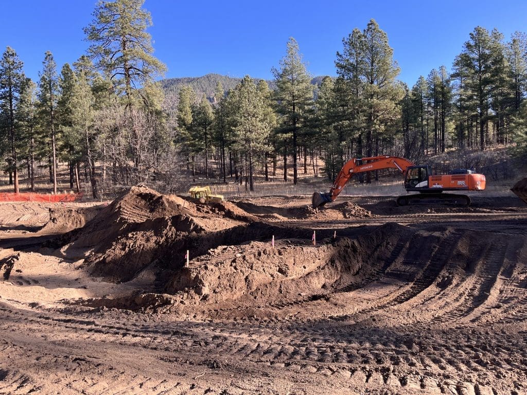 An excavator and a bulldozer work on a dirt construction site surrounded by pine trees under a clear blue sky.
