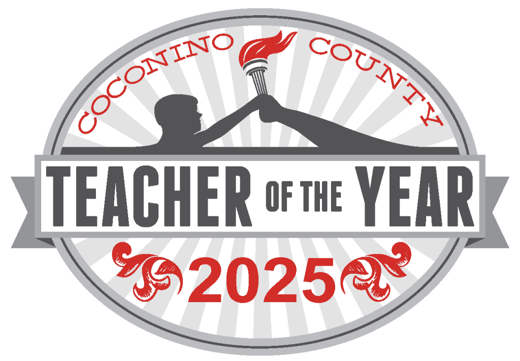 Circular badge with "Coconino County Teacher of the Year 2025" text, featuring a silhouette passing a torch—a symbol of inspiring community—and decorative red flourishes.