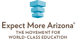 Logo for Expect More Arizona featuring a blue geometric icon above the text: "Expect More Arizona, The Movement for World-Class Education.