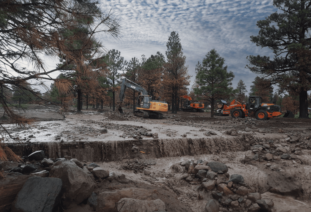 Excavators and other heavy machinery work on muddy ground near a forested area, likely engaging in post-flood or land restoration efforts.