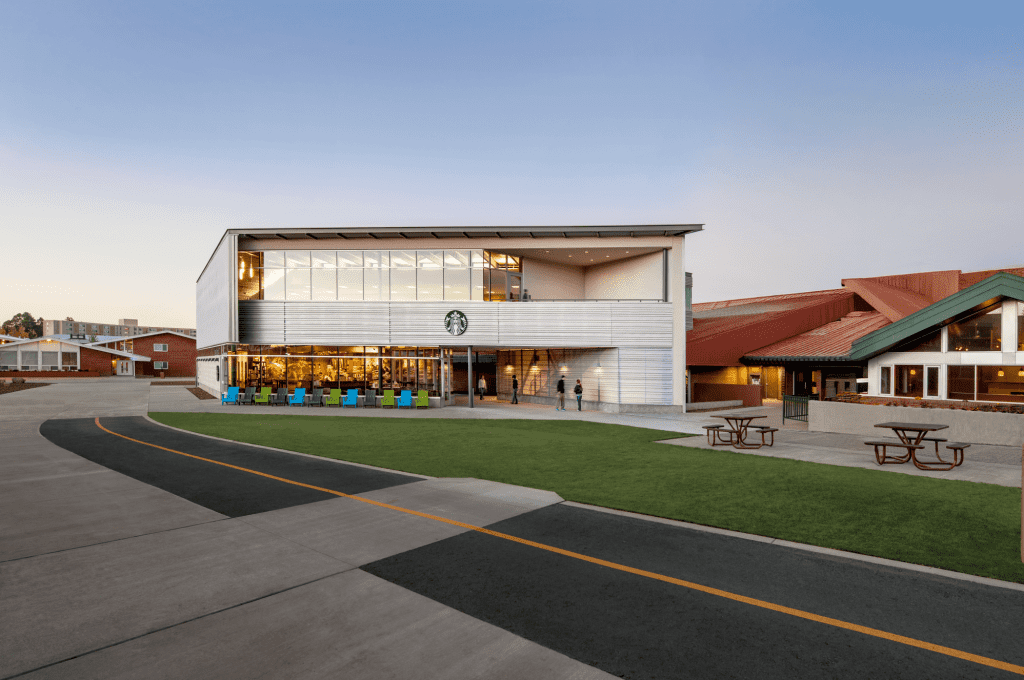 A modern two-story Starbucks building with large glass windows, outdoor seating, and a green lawn under a clear sky.