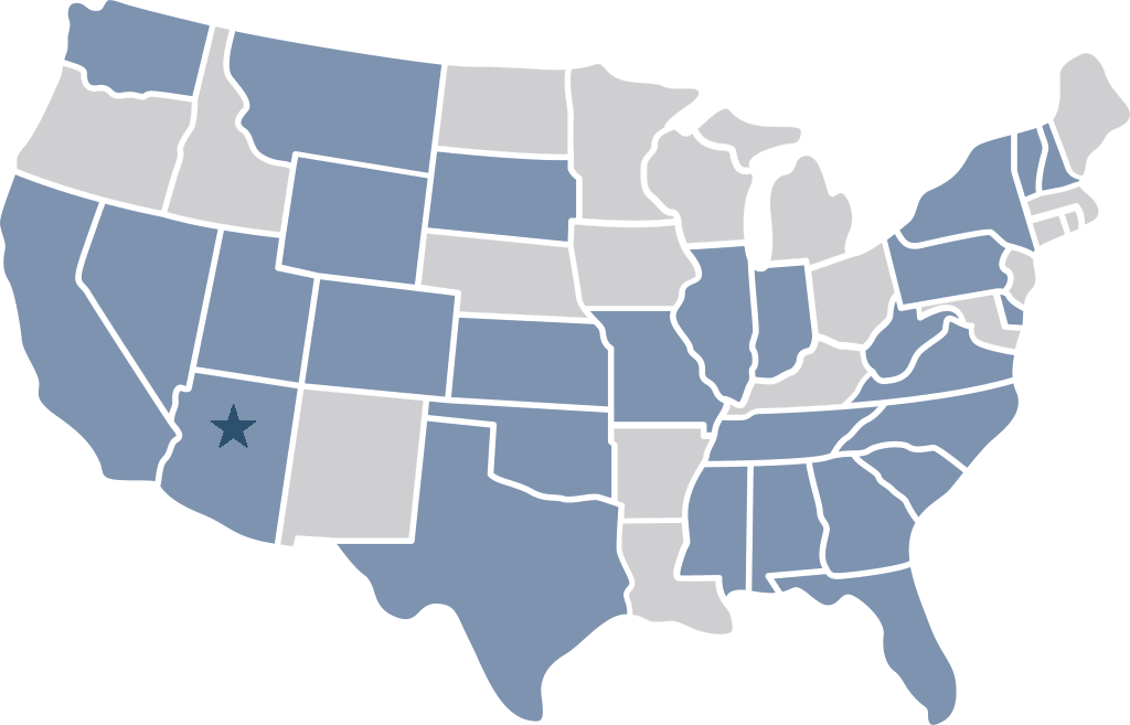 A map of the United States highlights certain divisions with states shaded blue and features a star marking a location in Arizona.