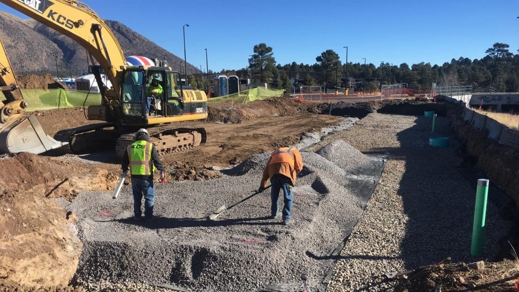 Two construction workers spread gravel with shovels at a building site, while an excavator operates nearby under a clear blue sky.