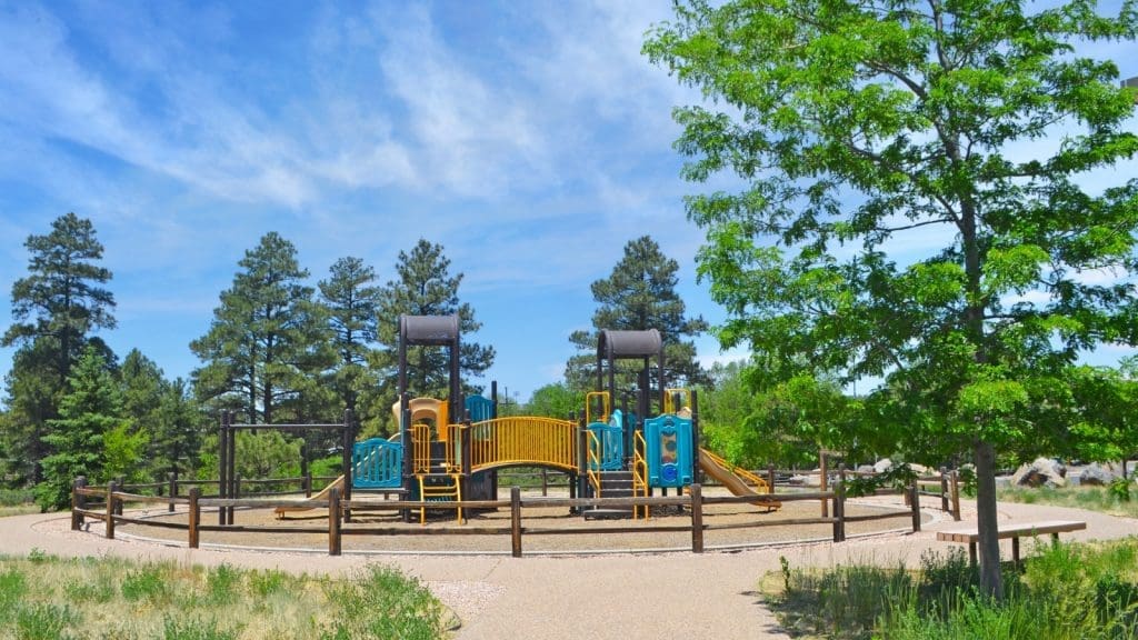A fenced playground with slides and climbing structures sits in a park surrounded by trees under a blue sky.