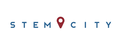 The words "STEM CITY" in blue capital letters, with a red map pin icon replacing the "I" in "CITY," symbolize a vibrant community on a white background.
