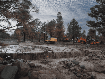 Excavators and other heavy machinery work on muddy ground near a forested area, likely engaging in post-flood or land restoration efforts.
