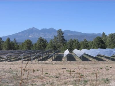 Rows of solar panels, part of the Northern Arizona University PV System, are installed on a fenced plot of land with pine trees and mountains in the background under a clear blue sky.