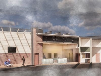 Architectural rendering of a modern building exterior with large windows, a shaded patio area, and several people sitting and standing outside under a partially cloudy sky.