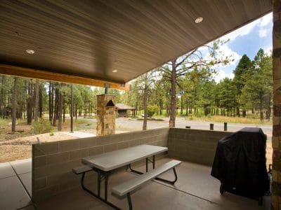 Covered patio with a picnic table and grill, overlooking a wooded area with pine trees and a distant building under a partly cloudy sky.