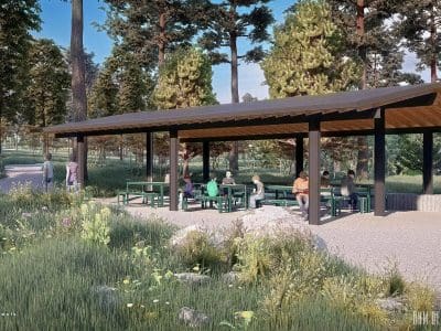 People sit and stand under a large open-air pavilion with picnic tables in a park surrounded by trees and grassy areas.