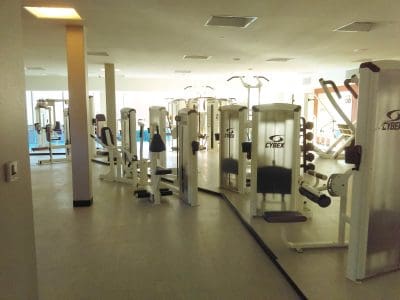 Several Cybex exercise machines are arranged in a spacious, well-lit gym with large windows in the background and light-colored flooring.