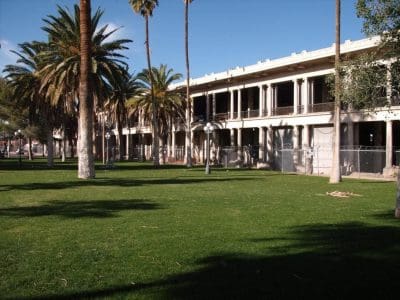 A two-story building with columns and large windows sits behind a lawn with palm trees under a clear blue sky.