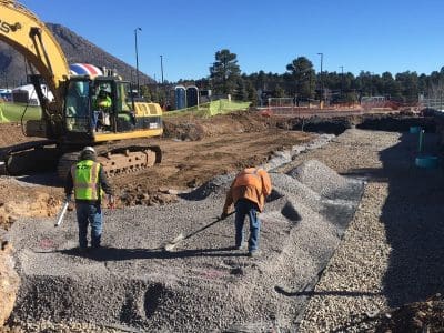 Two construction workers spread gravel with shovels at a building site, while an excavator operates nearby under a clear blue sky.