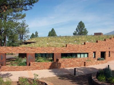A modern, single-story building with stone walls and a green roof blends into a wooded landscape under a clear blue sky.