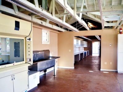Laboratory room with exposed ceiling beams, a fume hood, large stainless steel sink, storage cabinets, and long countertops along the back wall.