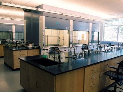 A modern science laboratory with black countertops, wooden cabinets, sinks, lab equipment, chairs, and fume hoods under bright overhead lighting.
