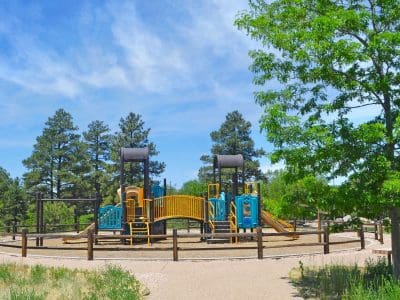 A fenced playground with slides and climbing structures sits in a park surrounded by trees under a blue sky.