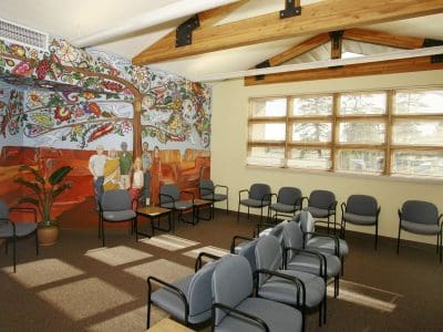 A waiting room with rows of blue chairs, several potted plants, large windows, and a colorful mural on one wall depicting people and tree branches.