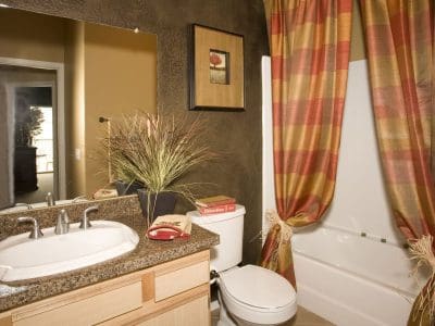 Bathroom with a granite countertop, sink, toilet, tub with plaid curtains, wall art, and decorative plants. Towel hangs next to the tub. Mirror reflects a doorway and hallway.